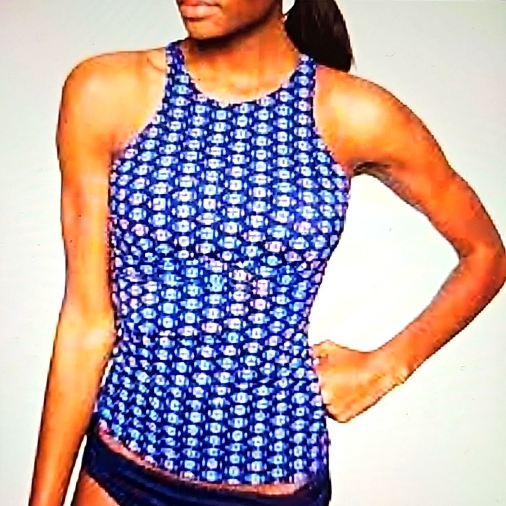 Athleta Tangier High neck swimsuit tankini top‎ 32 D blue and white